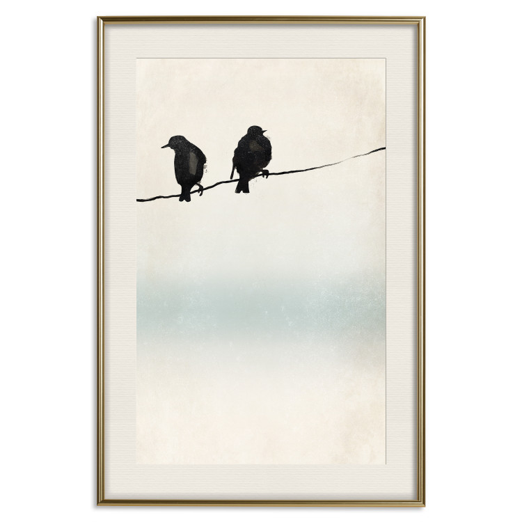 Poster Frozen Sparrows - black birds on wires on delicate colored background 129598 additionalImage 20