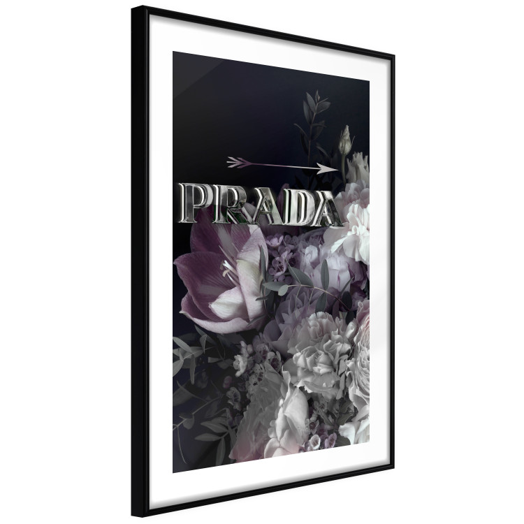 Wall Poster Prada in Flowers - composition of flowers and silver text on a black background 131798 additionalImage 2