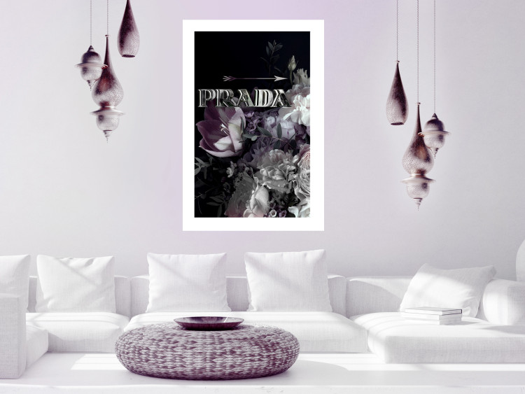 Wall Poster Prada in Flowers - composition of flowers and silver text on a black background 131798 additionalImage 14