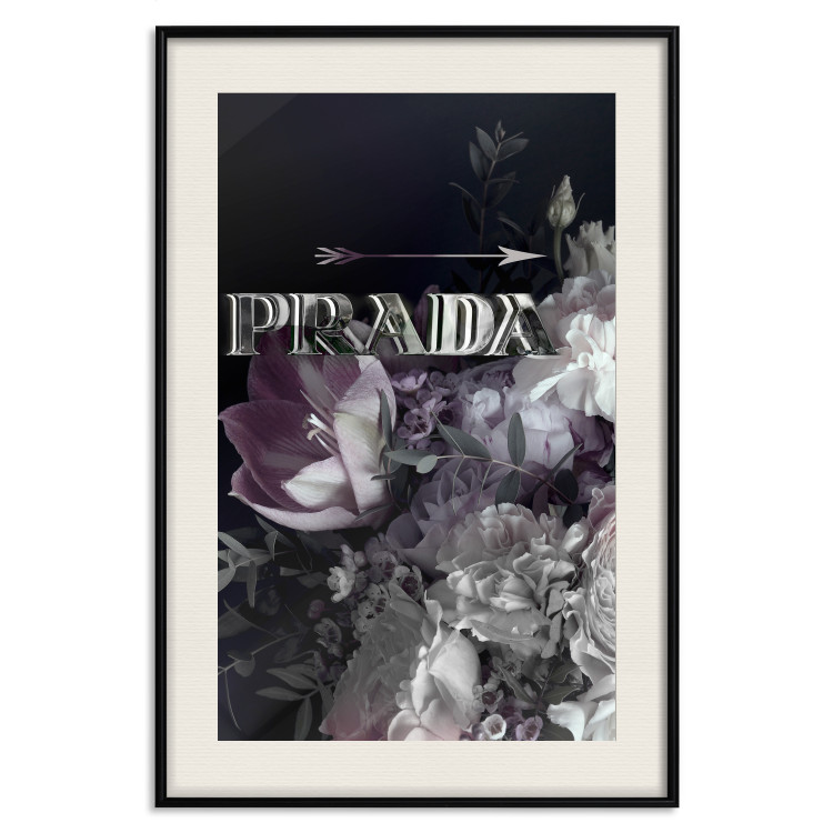 Wall Poster Prada in Flowers - composition of flowers and silver text on a black background 131798 additionalImage 19