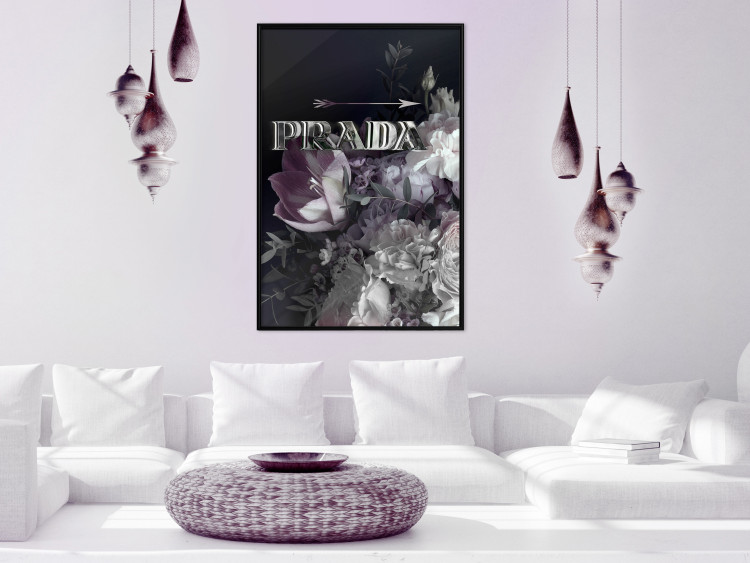 Wall Poster Prada in Flowers - composition of flowers and silver text on a black background 131798 additionalImage 11