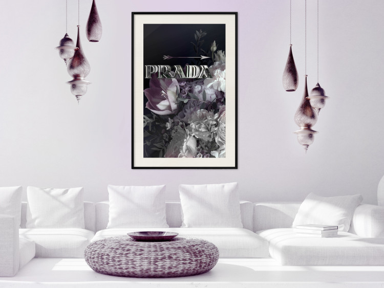 Wall Poster Prada in Flowers - composition of flowers and silver text on a black background 131798 additionalImage 24