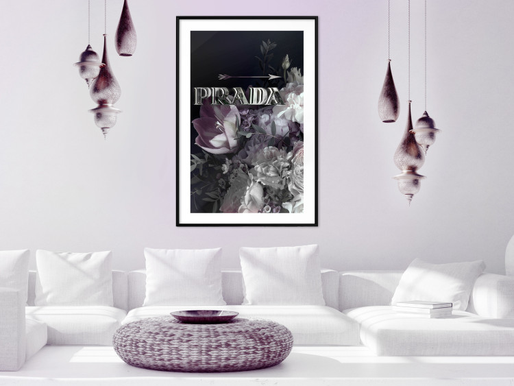Wall Poster Prada in Flowers - composition of flowers and silver text on a black background 131798 additionalImage 23