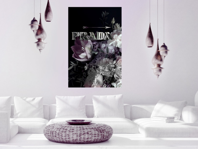 Wall Poster Prada in Flowers - composition of flowers and silver text on a black background 131798 additionalImage 13