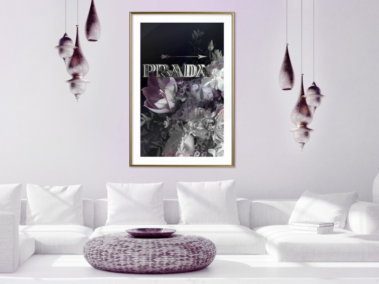 Wall Poster Prada in Flowers - composition of flowers and silver text on a black background 131798 additionalImage 15