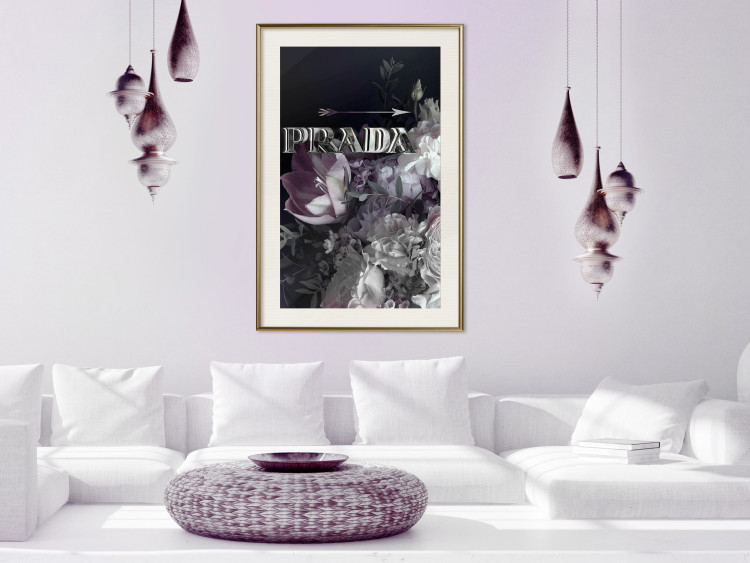 Wall Poster Prada in Flowers - composition of flowers and silver text on a black background 131798 additionalImage 22