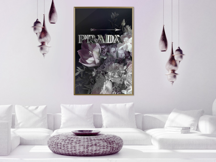 Wall Poster Prada in Flowers - composition of flowers and silver text on a black background 131798 additionalImage 12