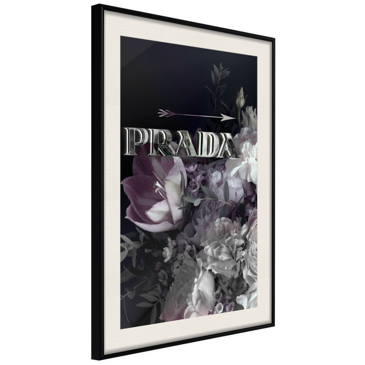Wall Poster Prada in Flowers - composition of flowers and silver text on a black background 131798 additionalImage 3