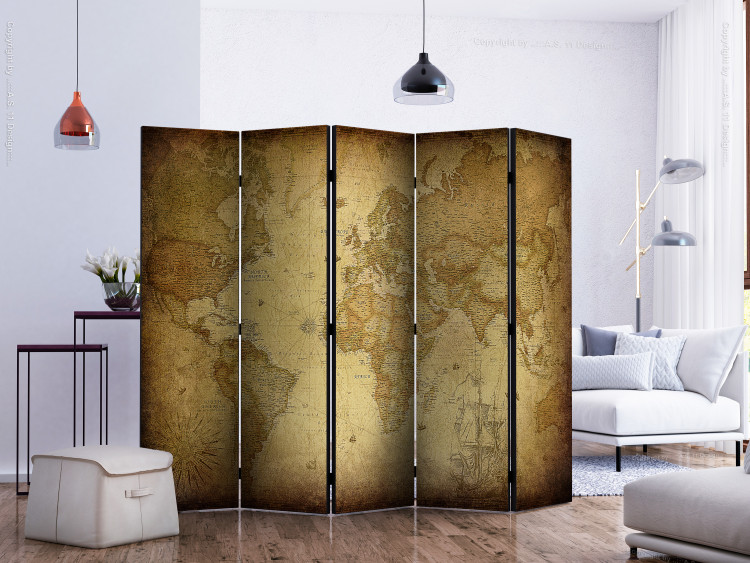 Room Divider Screen Old Map II (5-piece) - composition of continents in retro style 133298 additionalImage 2