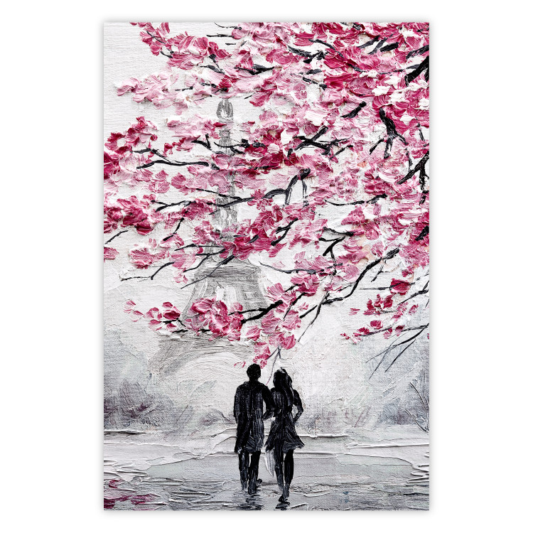 Wall Poster April in Paris - romantic landscape of Paris and a tree with pink leaves 135098