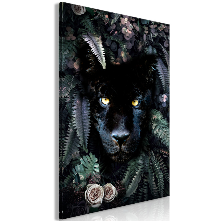 Canvas Print Black Panther in Leaves (1-piece) Vertical - cat in dense jungle 138598 additionalImage 2