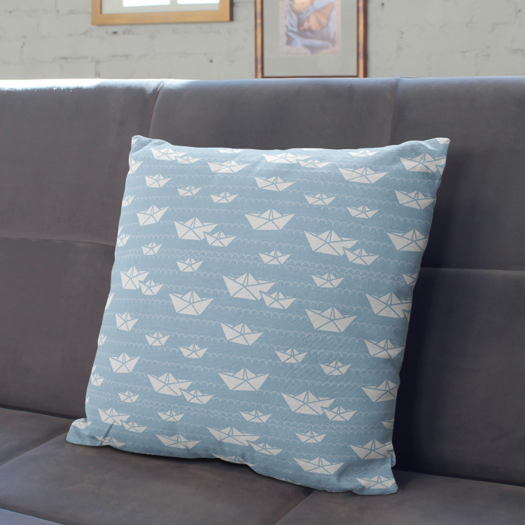 Decorative Microfiber Pillow The ships at sea - composition in shades of white and blue cushions 146998 additionalImage 2