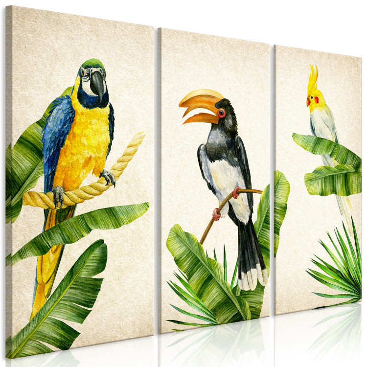 Canvas Print Exotic Triptych (3-piece) - colorful birds among green plants 149098 additionalImage 2