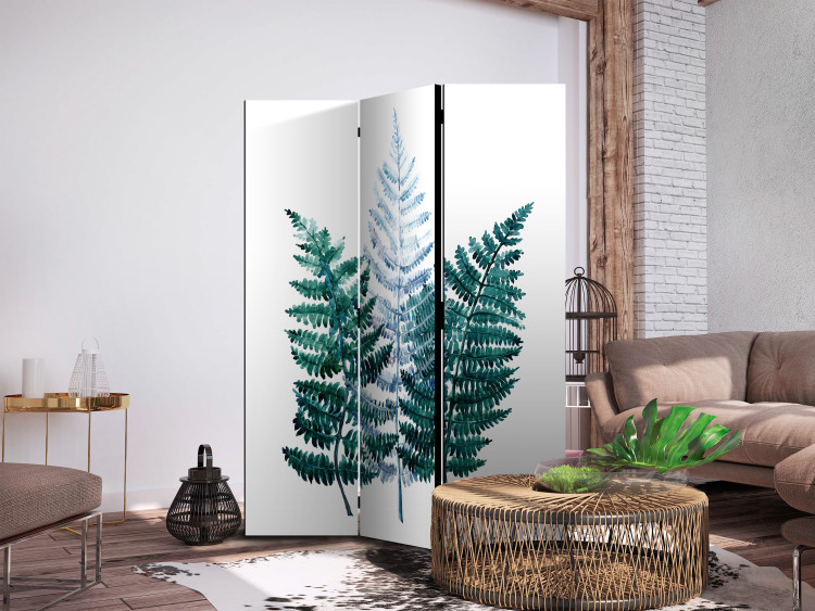 Folding Screen Nature - Turquoise and Blue Fern Leaves on White Background [Room Dividers] 159798 additionalImage 2