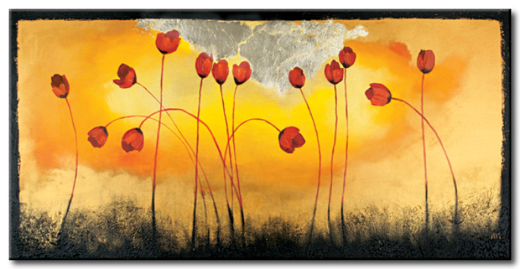 Canvas Art Print Red Poppies on Yellow Background (1-piece) - abstraction with flowers 46598