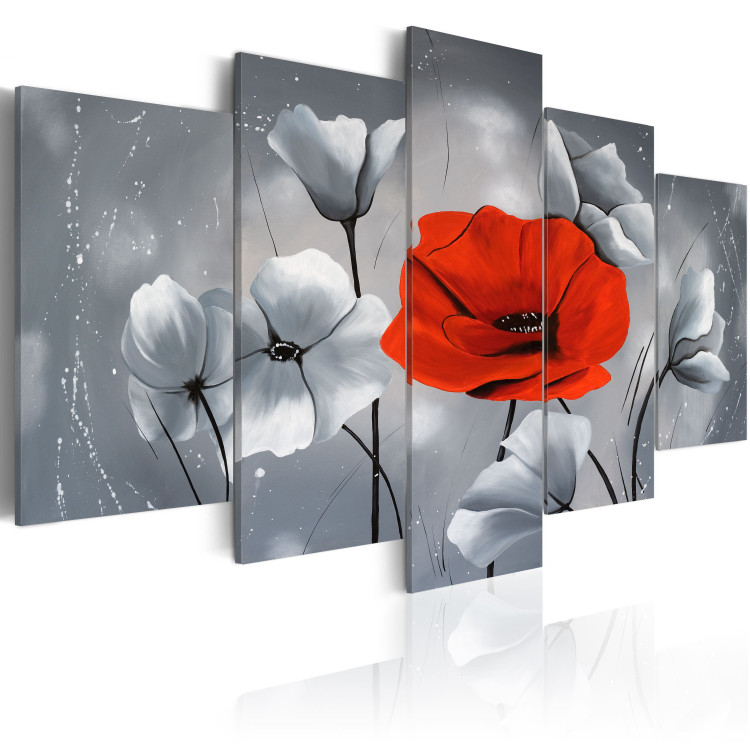Canvas Print Uniqueness (5-piece) - gray floral motif with red poppy 46898 additionalImage 2