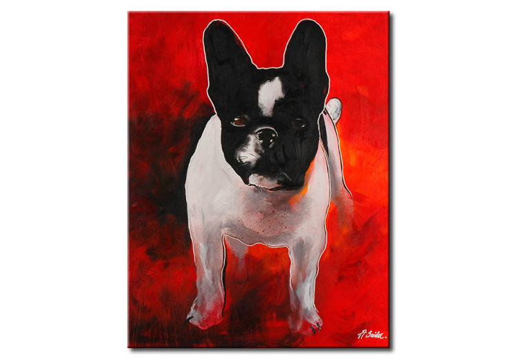 Canvas Dark, sad bulldog - an abstract portrait of a dog on a red background 49498