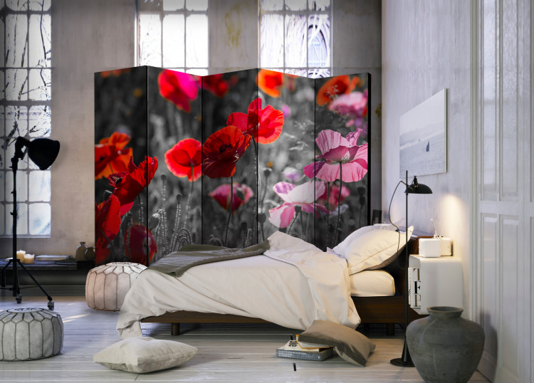 Room Separator Red Poppies II - red summer poppy flowers on a black and white background 96998 additionalImage 2