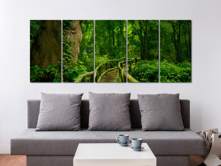 Canvas Print Journey into the Unknown (5-piece) - Bridge Among Trees in Exotic Jungle 105609 additionalImage 3