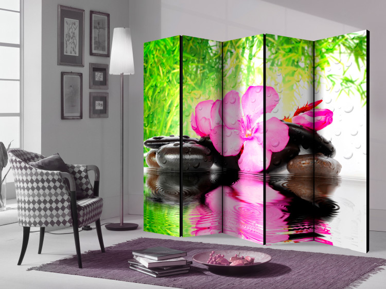 Room Divider Blurred Reflection II - pink flower with black stones in Zen style 108409 additionalImage 2