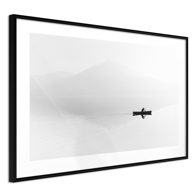Poster Mist over the Lake - black and white landscape with a boat on a mountain background 117609 additionalImage 13