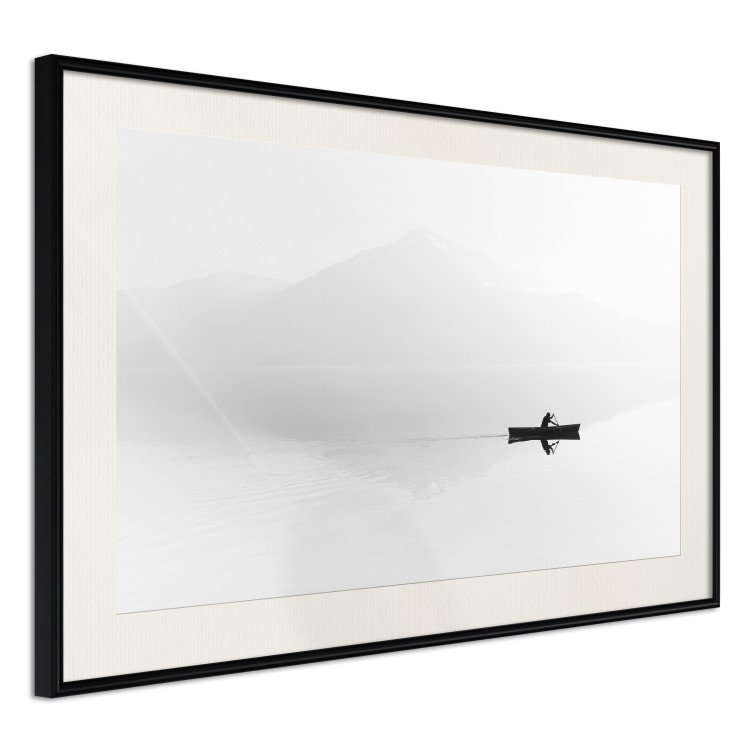 Poster Mist over the Lake - black and white landscape with a boat on a mountain background 117609 additionalImage 3