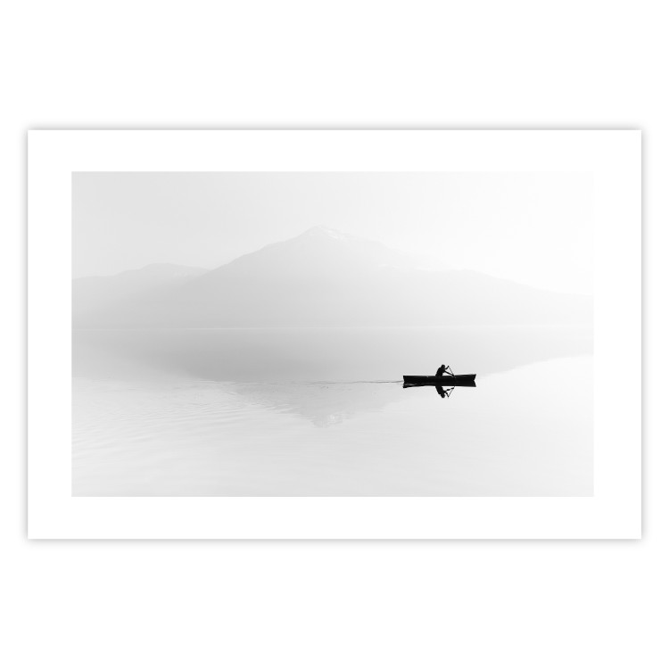 Poster Mist over the Lake - black and white landscape with a boat on a mountain background 117609 additionalImage 24