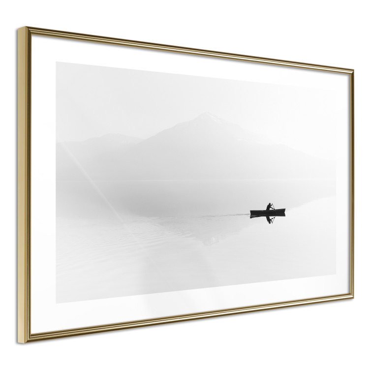 Poster Mist over the Lake - black and white landscape with a boat on a mountain background 117609 additionalImage 8
