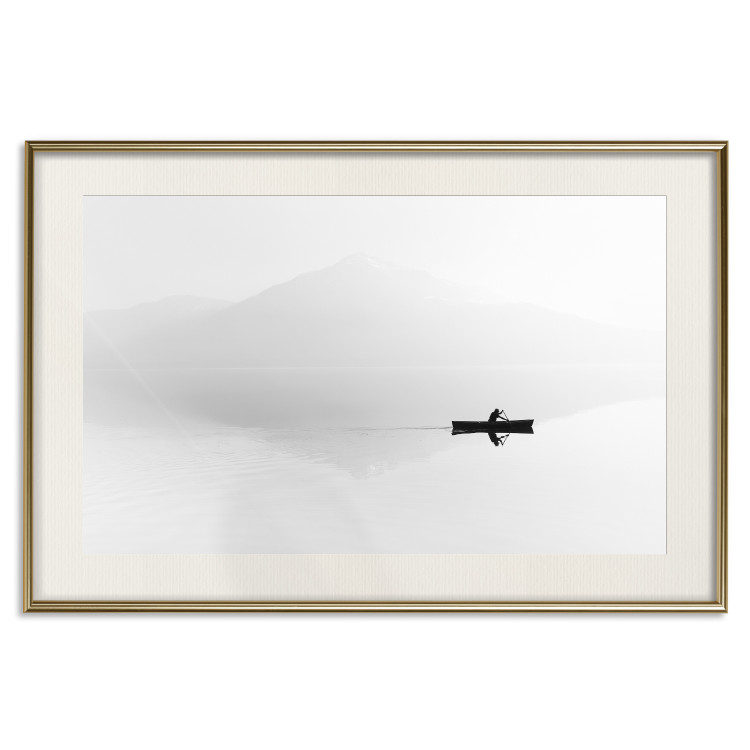 Poster Mist over the Lake - black and white landscape with a boat on a mountain background 117609 additionalImage 19