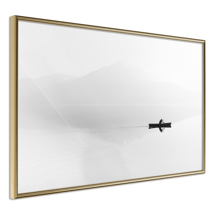 Poster Mist over the Lake - black and white landscape with a boat on a mountain background 117609 additionalImage 14