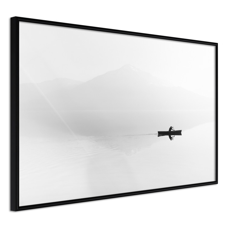 Poster Mist over the Lake - black and white landscape with a boat on a mountain background 117609 additionalImage 10