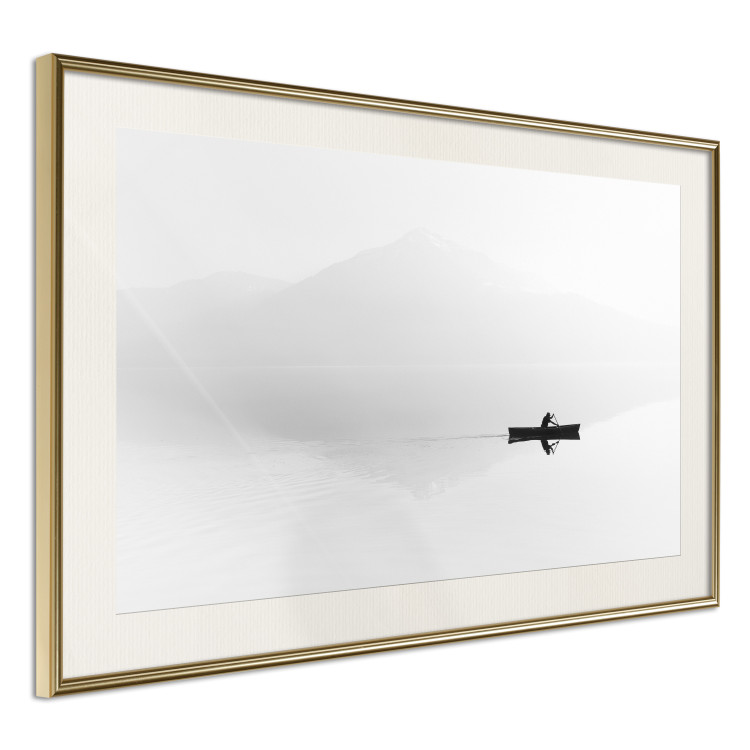 Poster Mist over the Lake - black and white landscape with a boat on a mountain background 117609 additionalImage 2