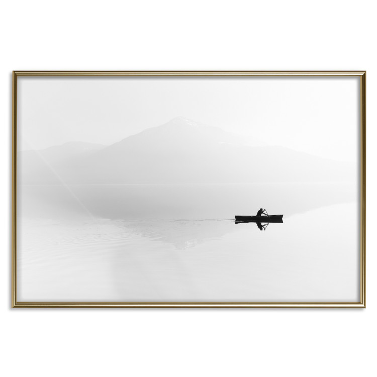 Poster Mist over the Lake - black and white landscape with a boat on a mountain background 117609 additionalImage 17