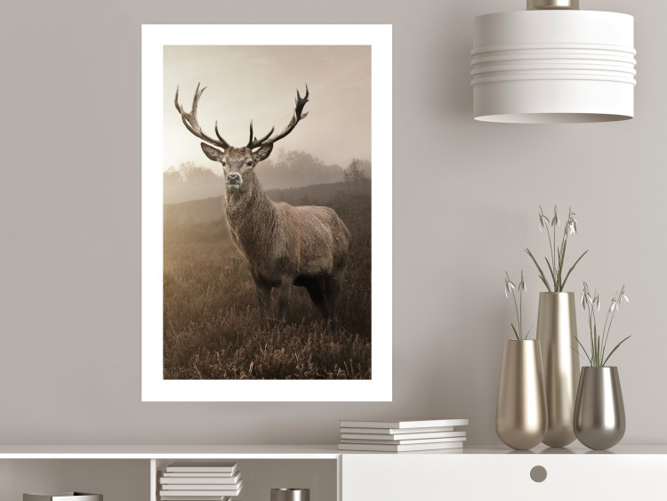Wall Poster Sepia Deer - autumn landscape with an animal amid field grass 119209 additionalImage 2