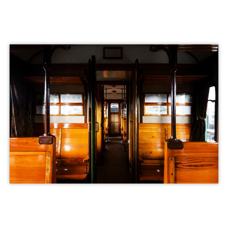 Poster Long Journey - train with wooden seats in vintage motif 123809