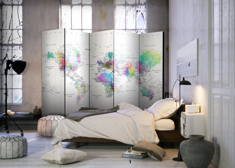 Folding Screen Colorful World Map (5-piece) - colorful continents and white oceans 128809 additionalImage 2