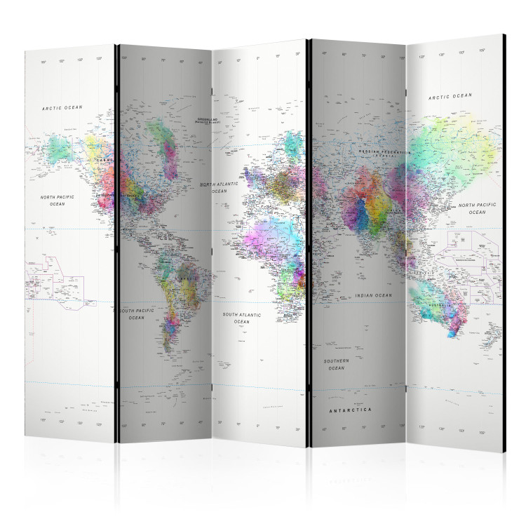Folding Screen Colorful World Map (5-piece) - colorful continents and white oceans 128809