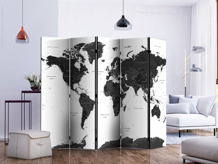 Room Divider Black and White Map II (5-piece) - dark continents on a light background 132709 additionalImage 2