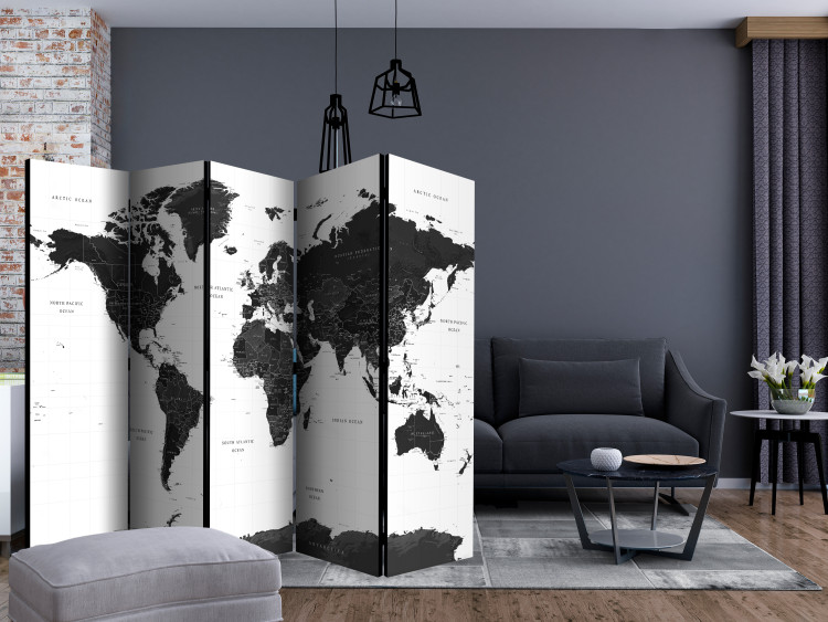 Room Divider Black and White Map II (5-piece) - dark continents on a light background 132709 additionalImage 4