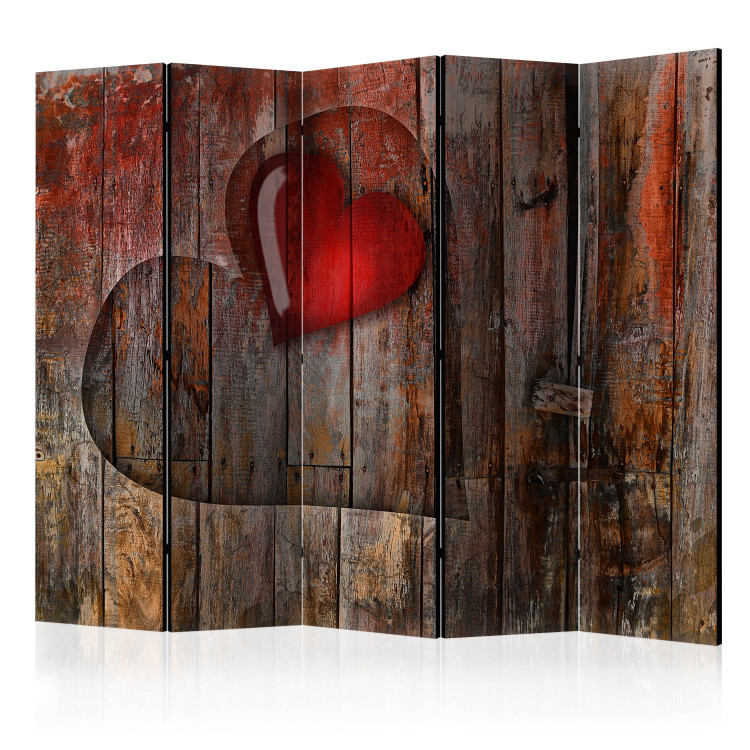 Room Separator Heart Engraved in Wood II (5-piece) - retro composition in boards 133409