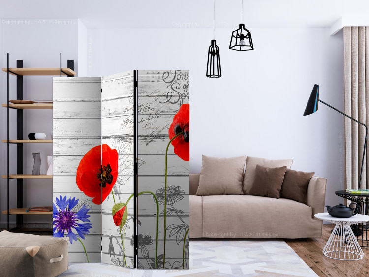 Room Separator Meadow Flowers - red poppy flowers on a background of white wooden planks 133909 additionalImage 4