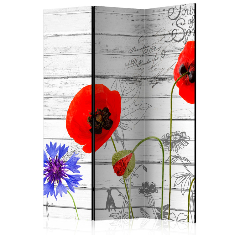 Room Separator Meadow Flowers - red poppy flowers on a background of white wooden planks 133909