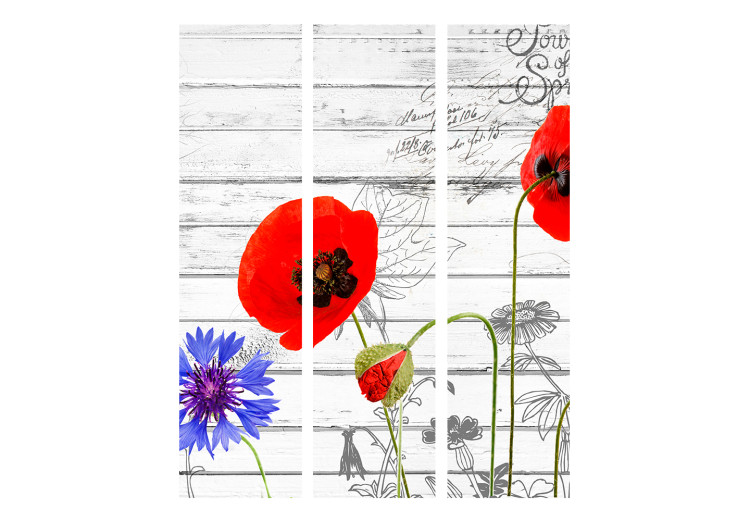 Room Separator Meadow Flowers - red poppy flowers on a background of white wooden planks 133909 additionalImage 3