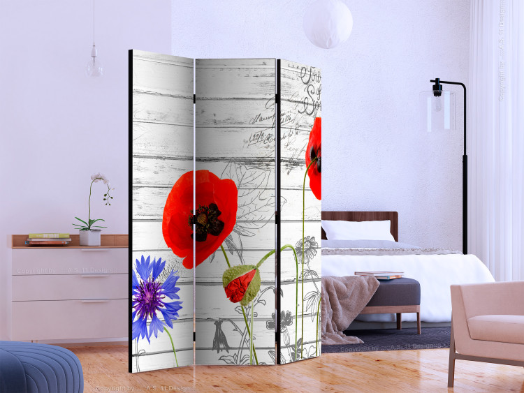 Room Separator Meadow Flowers - red poppy flowers on a background of white wooden planks 133909 additionalImage 2