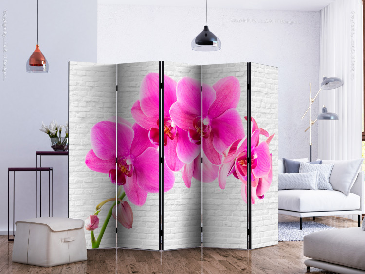 Room Divider Pink Excitement II - pink orchid flower on a white brick background 134009 additionalImage 2