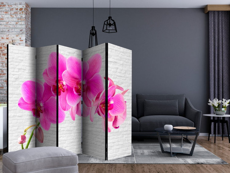 Room Divider Pink Excitement II - pink orchid flower on a white brick background 134009 additionalImage 4