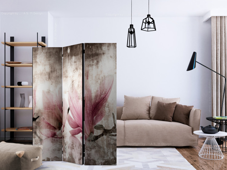 Folding Screen Vintage Magnolias (3-piece) - plant composition in pink flowers 134309 additionalImage 4