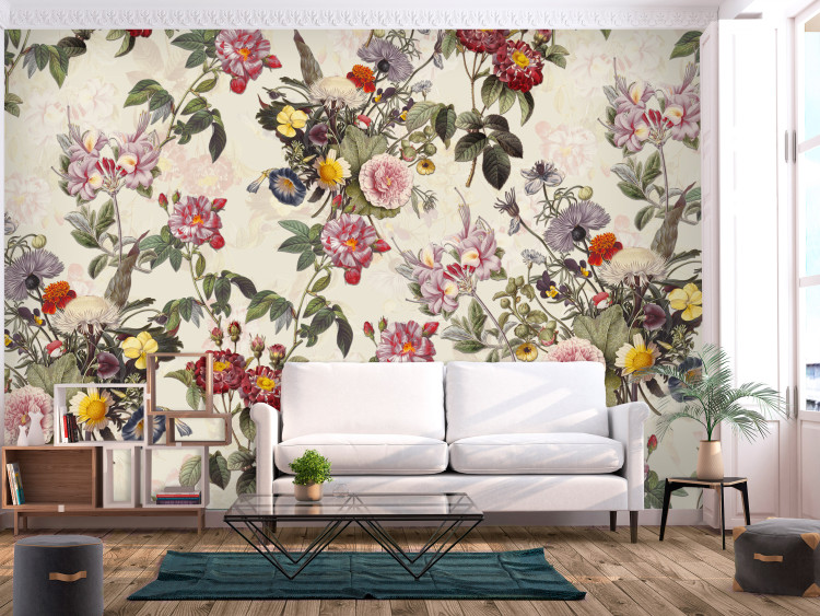 Wall Mural Floral nature - colourful vintage-style flowers on a beige background 136309