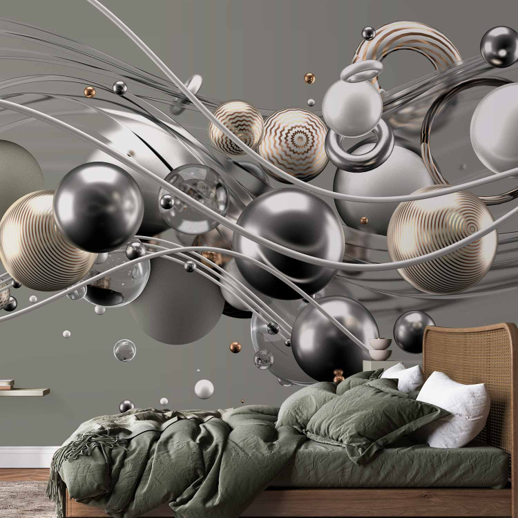 Wall Mural Dynamic space with balls in gold - Modern abstraction 138409 additionalImage 2