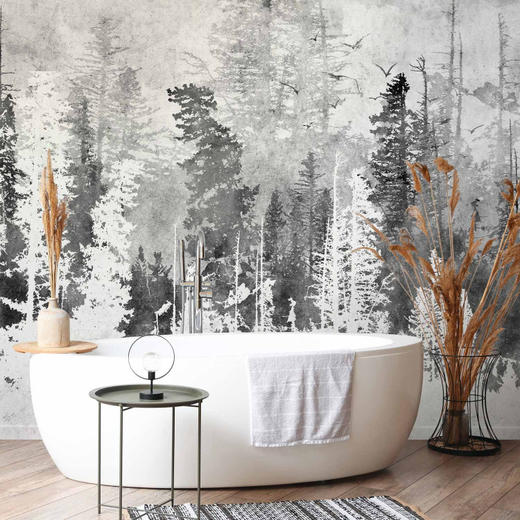 Photo Wallpaper Flying birds - abstract forest landscape in grey and white 144709 additionalImage 8